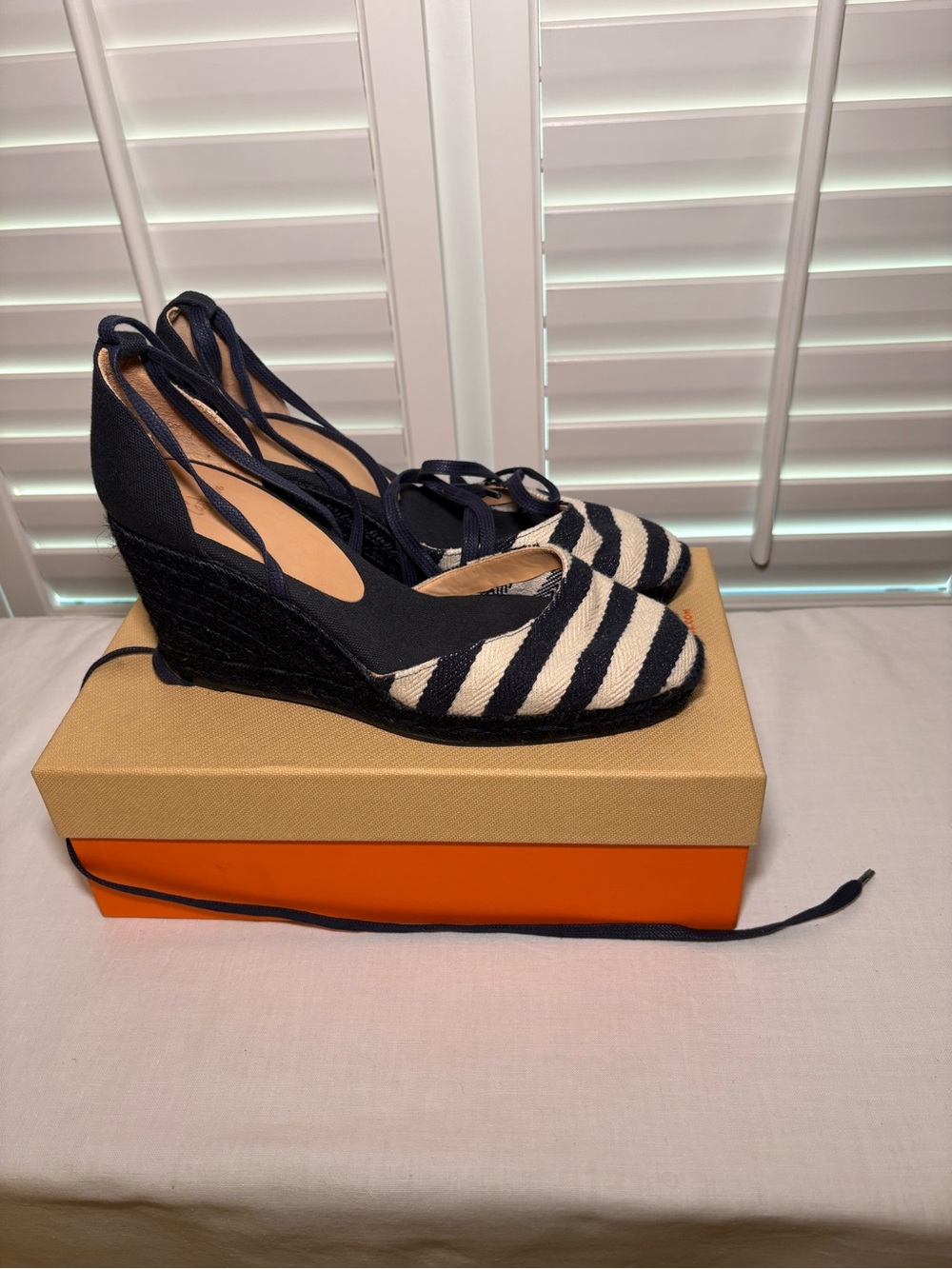 Castaner Navy and Cream Striped Wedge Espadrilles with Ankle Tie